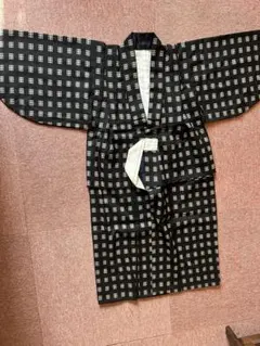 poire様 レトロ　子供用　浴衣　チェック柄 ブラック　丈94㌢　同柄上着付