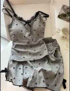 ルームウェアレース付きパッド付きリボン柄キャミソールショートパンツ セットアップのサムネイル