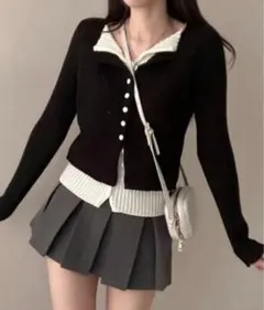 AsRiRe レイヤード風配色ニットカーディガン