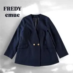 5【美品】FREDY emue ノーカラーダブル釦ジャケット　紺　佐藤栞里着用