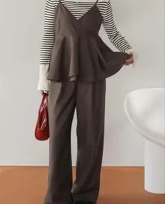 新品★ペプラムキャミソールトップスドッキングオールインワン ダークブラウン M