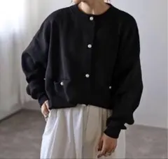 ボンジュールサガン　フロントポケットパールボタンカーディガン　ブラック