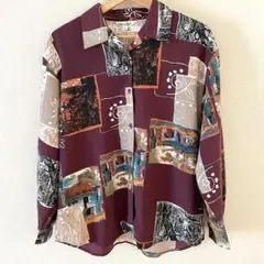 古着 総柄シャツ ボルドー レトロ柄 日本製 ポリシャツ M