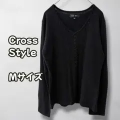 N1028　ニットカットソー　長袖　装飾デザイン　薄手　ブラック　M