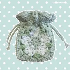 編み物 ハンドメイド 巾着 ポーチ 花 ミントグリーン モチーフ