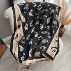 猫柄 大判スカーフ ブラック 190×62cm