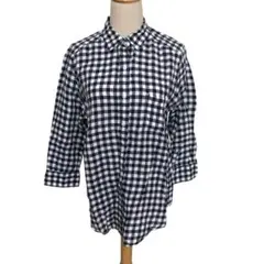 ユニクロ プレミアムリネンシャツ ギンガムチェック ネイビー M