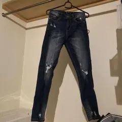 ダメージ加工スキニーデニム ダークブルー