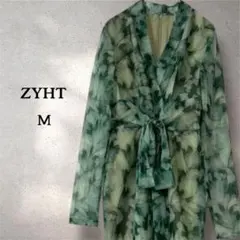 ZYHT【美品】ボタニカル柄 シアー ロングワンピース Vネック 涼しげ リーフ