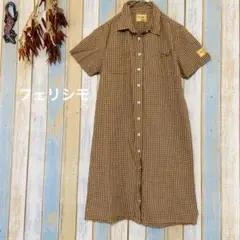 レディース　チェック柄　シャツワンピ　　ワンピース　綿100% ナチュラル