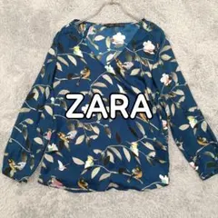 ZARA ザラ ブラウス 長袖 プルオーバー Vネック 紺色 総柄 鳥柄 バード