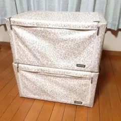 前から上から取り出せる収納BOX QVC　折り畳み収納　ヒョウ柄アイボリー　2個のサムネイル