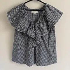 BEAMS ギンガムチェック フリル 半袖トップス