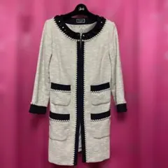 パール付きノーカラージャケット アイボリー バイカラー