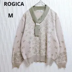 ロジカ　長袖ニットセーター ボウタイ　 M　花柄　淡色女子　ピンク系