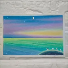 カルガモ親子と湖畔の風景画 オイルパステル画 原画 ハガキサイズ絵画