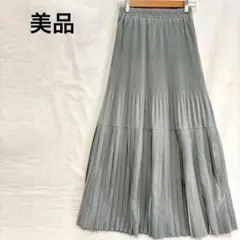 美品 プリーツ ロングフレアスカート 切替 ウエストゴム グレー 綺麗め Mのサムネイル