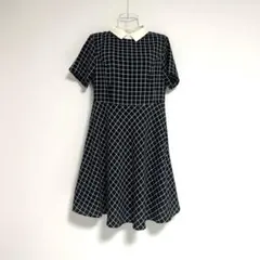 半袖襟付きミニワンピース　チェック　黒　ブラック　格子柄　裏地付き