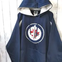 NHL ジャージ素材 ロゴ 刺繍 ビッグサイズ パーカー ネイビー XL 古着
