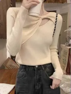 GRL カットアウトリボンリブニットトップス