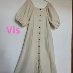 Vis 半袖ボリューム袖ワンピース　ロングワンピース　アイボリー　S　麻綿混合