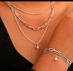 ネックレスとブレスレット パール サージカルステンレス 【２セット】3連チェーン