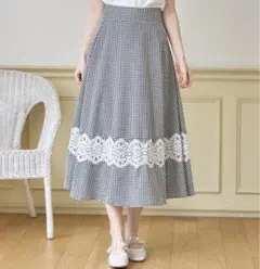 新品未開封＊トッコ　ギンガムチェックフラワーレースロングスカート　春夏可愛い　黒