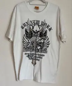 RUN NEW YORK スカル プリントTシャツ ホワイトＬ
