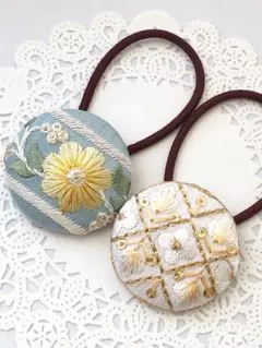 【No.159】インド刺繍 くるみボタン38㎜ ヘアゴム 2個セット