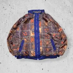 90sLAVON総柄ナイロンジャケットブルゾン派手幾何学模様茶系ビンテージ古着L