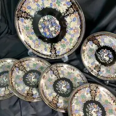 【匿名配送/未使用】庫山窯/前畑陶器/蒼園/金彩花詰/鹿紋様/大皿小皿6枚セット