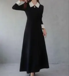 JUNOAH バイカラーセミフレアニットワンピース Mサイズ ブラック　タグ付き