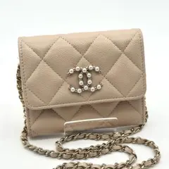 新品 CHANEL キャビアスキン ミニ チェーンウォレット パール ベージュ