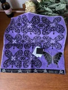 ANNA SUI アナスイ タオルハンカチ　パープルスパンコール　バタフライ蝶