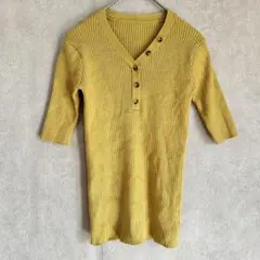 GRL　リブ編みマスタードカラーニットカットソー　Vネック　Mサイズ