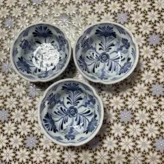 青い花柄 陶器ボウル 3個セット