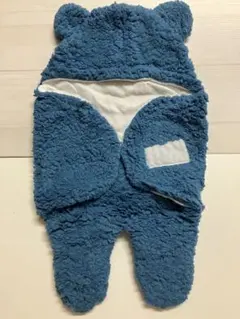 クマ耳付きフリースおくるみ 青　ベビー