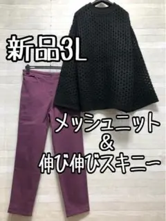 新品☆3L♪メッシュあみニット＆ストレッチ素材スキニーパンツ☆p302