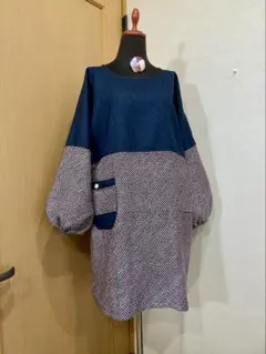 着物　絞り　ハンドメイド　リメイク　ロング丈　長袖　トップス　コサージュ付き