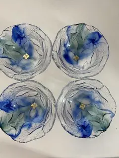 値段交渉可！青と透明の花模様ガラス皿4個セット