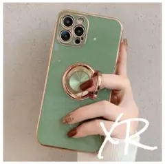 1073 iPhoneXR スマホリング付ケース モスグリーン ゴールドk
