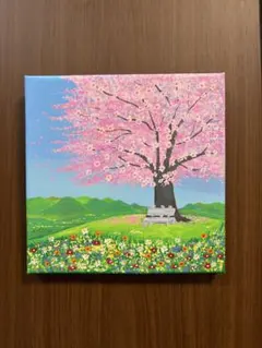 アクリル画　原画　一休み〜桜の下で〜　20㎝角キャンバス