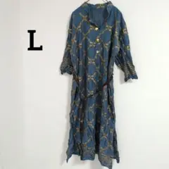 ペイズリー柄 ロングワンピース スキッパーカラー 七分袖 L 青金 お出かけ