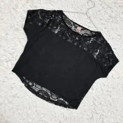 ZARA TRFレース編みトップス　胸下切り替え　フレンチスリーブ　ブラック
