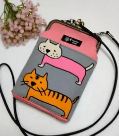 大きな猫ちゃんのスマホポシェット！がま口！ショルダー紐付！《グレー×ピンク》