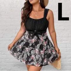 大きいサイズ水着 2点セット L 黒シースルー花柄体型カバー ショートパンツ