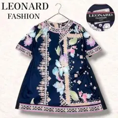 極美品 レオナール ワンピース 半袖 総柄 タッセルベルト ブルー L
