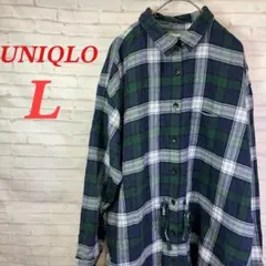 ユニクロ　フランネルシャツワンピース　羽織り　チェック　ドロスト　グリーン　L