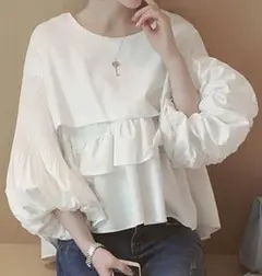 新品M★ふんわりフリル切替ブラウス 白★M