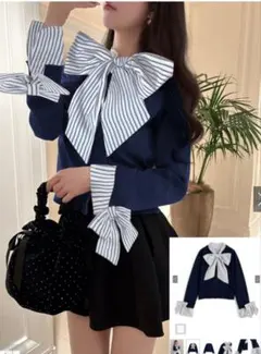 【新品】♥グレイル♥♡ストライプ柄ボウタイ❣袖リボンニットトップス【ネイビー】♡